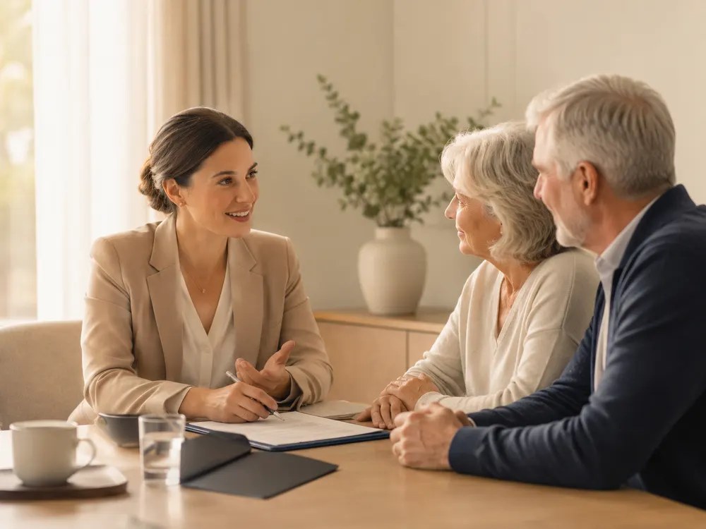 Un conseiller accompagne un couple de seniors dans la préparation de leur dossier